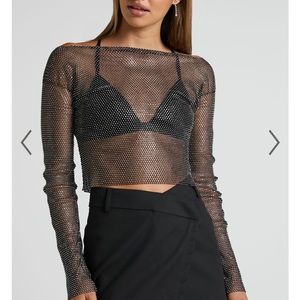 Showpo. BRAND NEW SKYLAE TOP - DIAMANTE MESH LONG SLEEVE CROP TOP IN BLACK